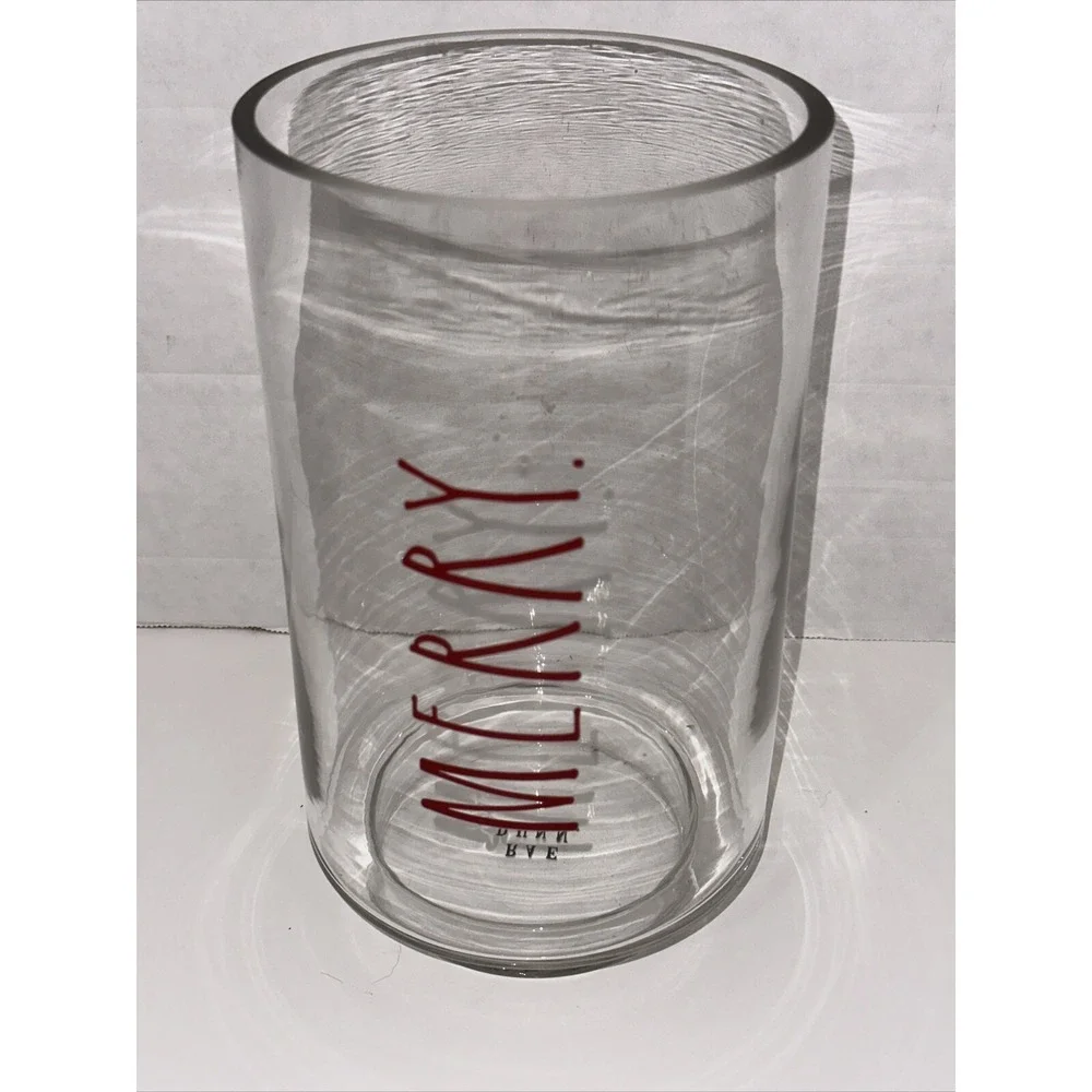 Rae Dunn Merry Glass Hurricane Candle Holder Vase Red Christmas Holiday Decor‎